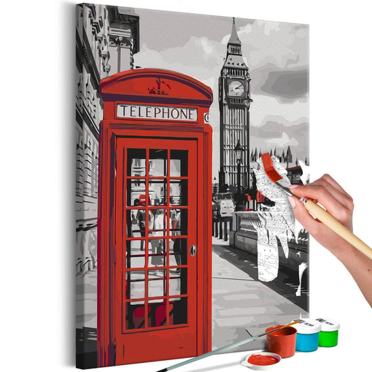 Wandbild zum Ausmalen Telefonzelle - Hauptmotiv mit ikonischer roter Londoner Telefonzelle