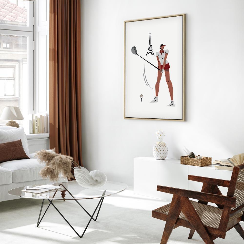 Leinwandbild - Female Golfer With the Eiffel Tower in the Background - Illustration