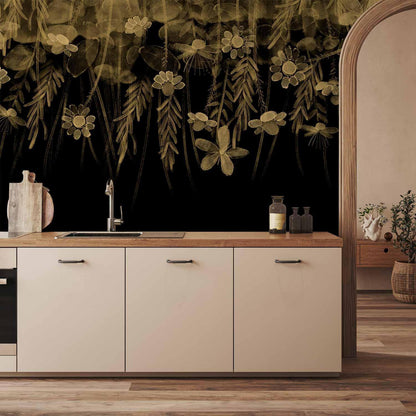 Fototapete - Nature landscape - black abstract nature motif with flowers in sepia