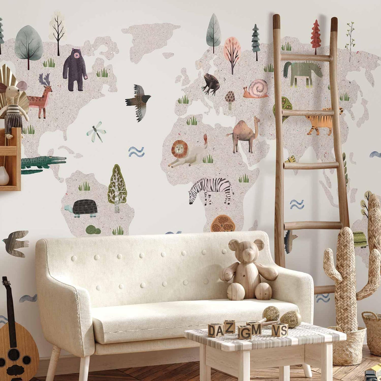 Fototapete - Beige World - Continents With Animals in Muted Colours