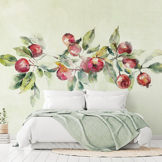 Fototapete - Apple branch - delicate landscape with a plant and apples on a white background Artgeist