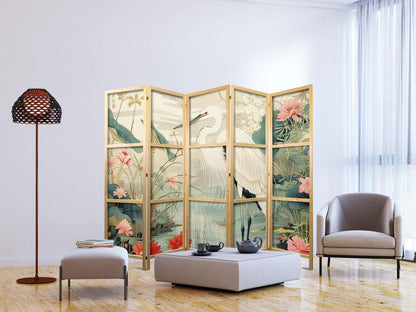 Japanischer Paravent - By an Asian pond - an illustration in the style of a Japanese engraving, depicting a heron