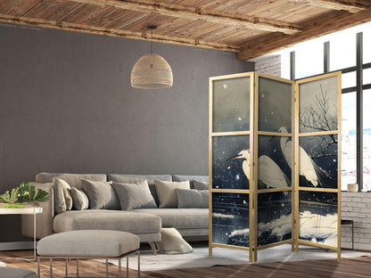 Japanischer Paravent - Herons over a winter pond - Japanese-style illustration in dark colours