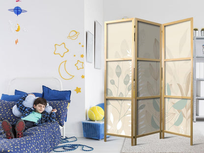 Japanischer Paravent - Morning in the Meadow - Various pastel plants on a beige background