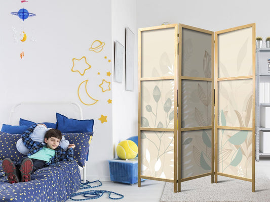 Japanischer Paravent - Morning in the Meadow - Various pastel plants on a beige background