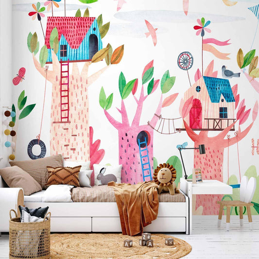 Fototapete - Painted tree houses - a colourful fantasy with kites for children
