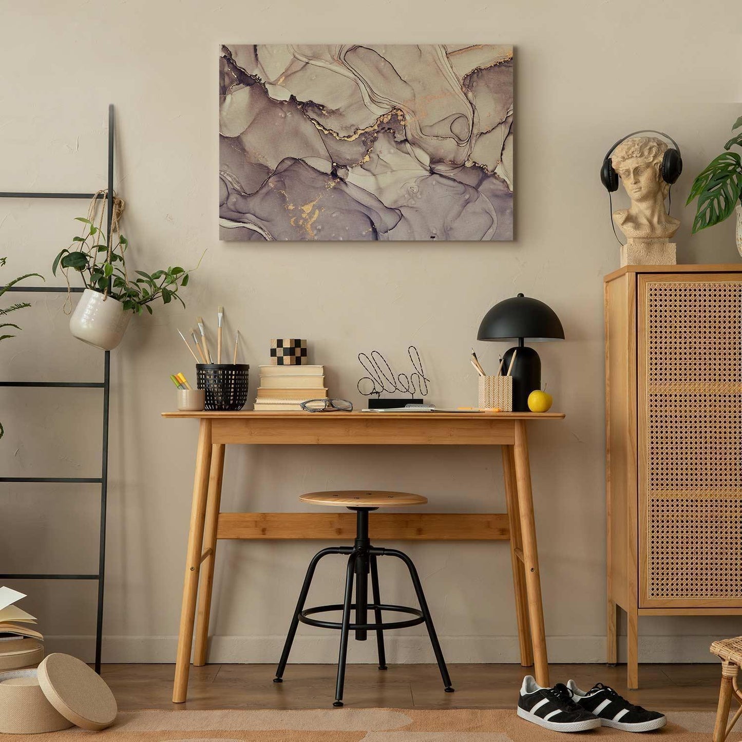 Leinwandbild - Watercolour abstraction - powder pink marble with gold accents