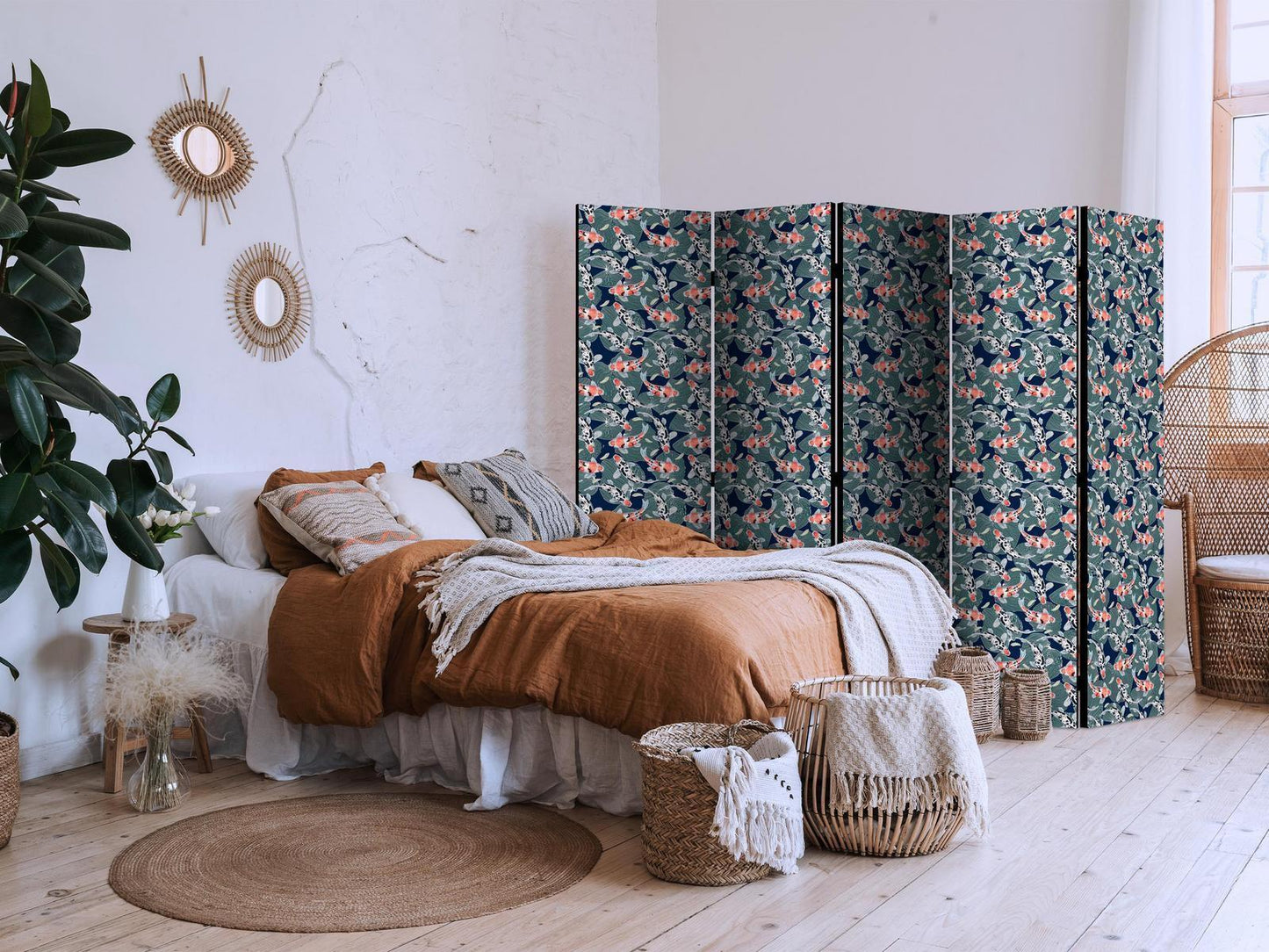 Paravent - Fish Among Leaves - Colorful Koi Fish Among Dark Green Water Lily Leaves on a Navy Water Surface