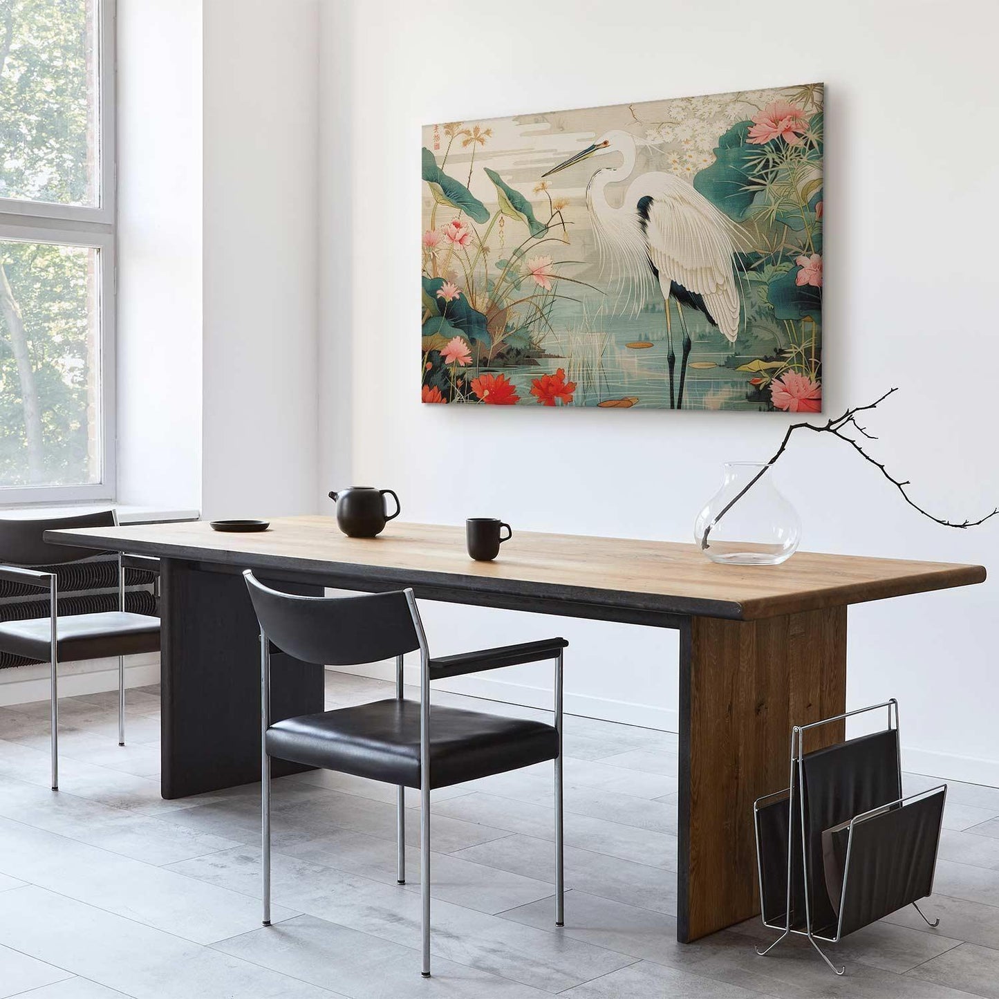 Leinwandbild - By an Asian pond - an illustration in the style of a Japanese engraving, depicting a heron