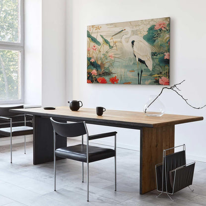 Leinwandbild - By an Asian pond - an illustration in the style of a Japanese engraving, depicting a heron