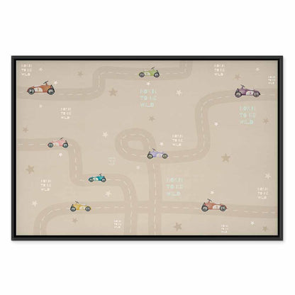 Leinwandbild - Race - Colorful Cars on a Road on a Beige Background with Inscriptions