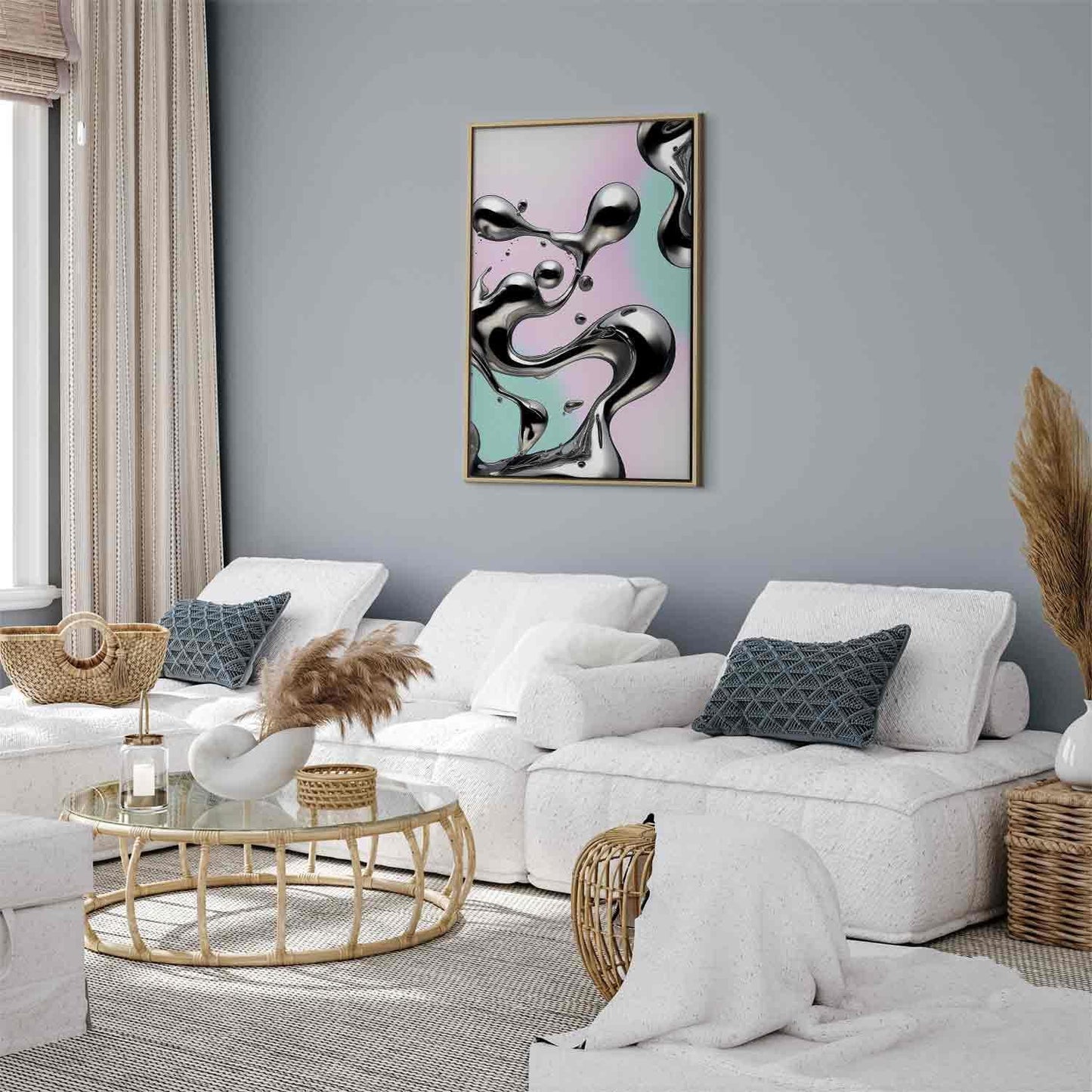 Leinwandbild - Metallic Fluidity - Abstract Silver Forms on a Mint-Purple Background