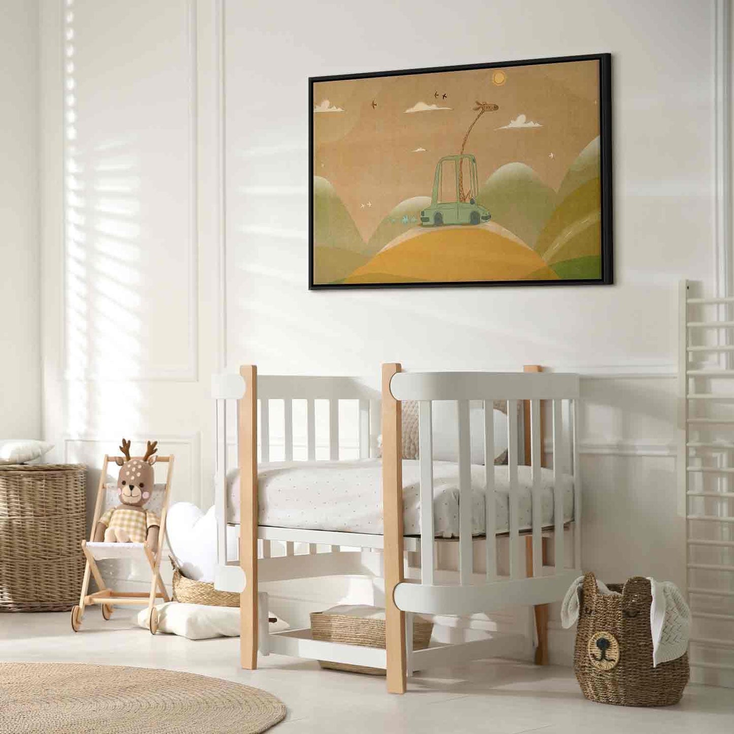 Leinwandbild - Dreamy Traveler - A Cheerful Giraffe Driving a Car on a Sunny Day