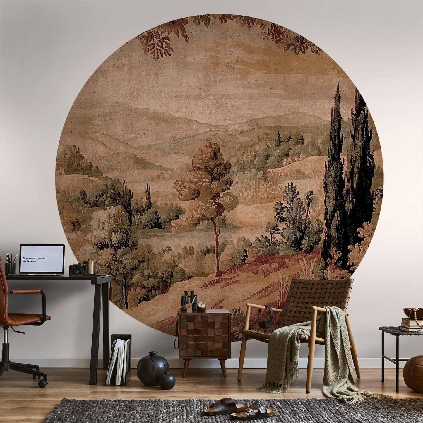 Runde Fototapete - Mediterranean landscape - old tapestry with a hill and a lake