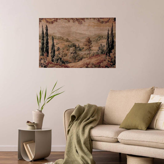 Poster - Mediterranean Landscape - Old Tapestry with a Hill and Lake Artgeist