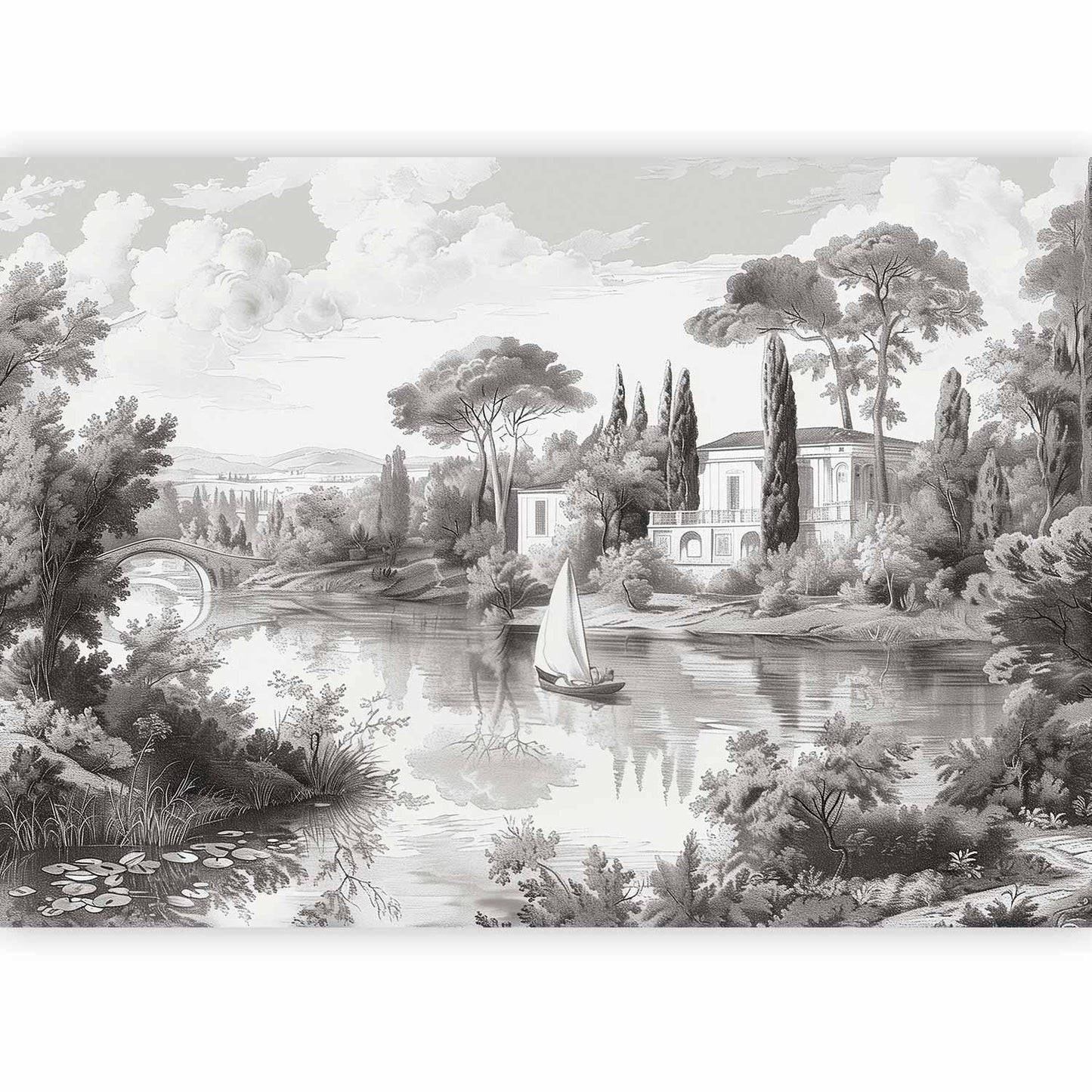 Fototapete - Black and White Vintage Landscape Retro View of a Pond with a Boat Artgeist