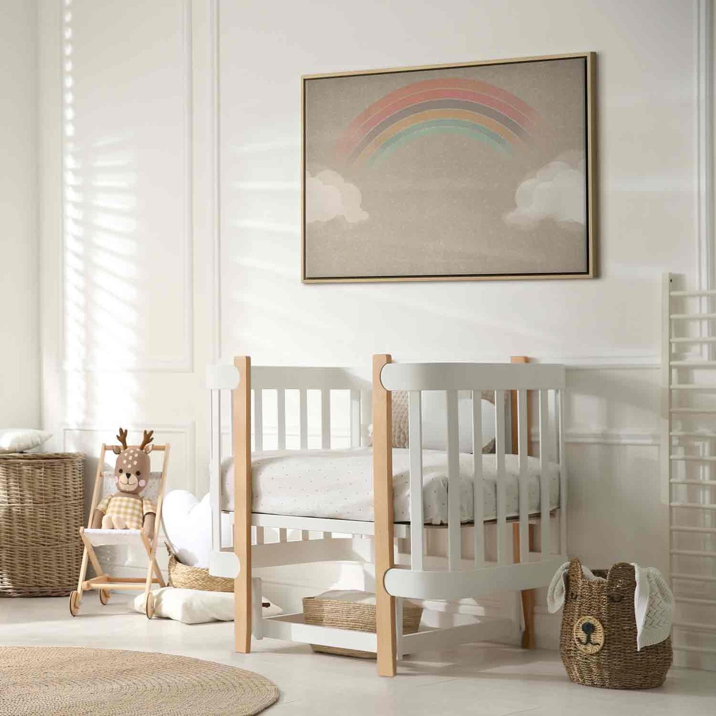 Leinwandbild - Rainy June - Colorful Rainbow Emerging from Clouds on a Bright Background