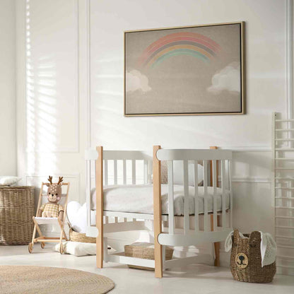 Leinwandbild - Rainy June - Colorful Rainbow Emerging from Clouds on a Bright Background