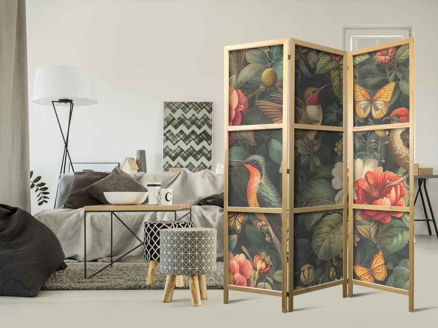 Japanischer Paravent - In the Botanical Garden - Flowers Birds and Butterflies - Colorful Illustration