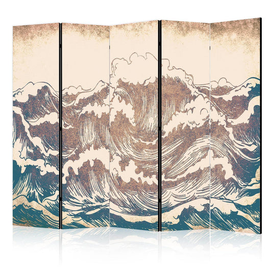 Paravent - Turbulent Ocean - High Waves in Brown And Navy Colors on a Beige Background in Vintage Style Artgeist