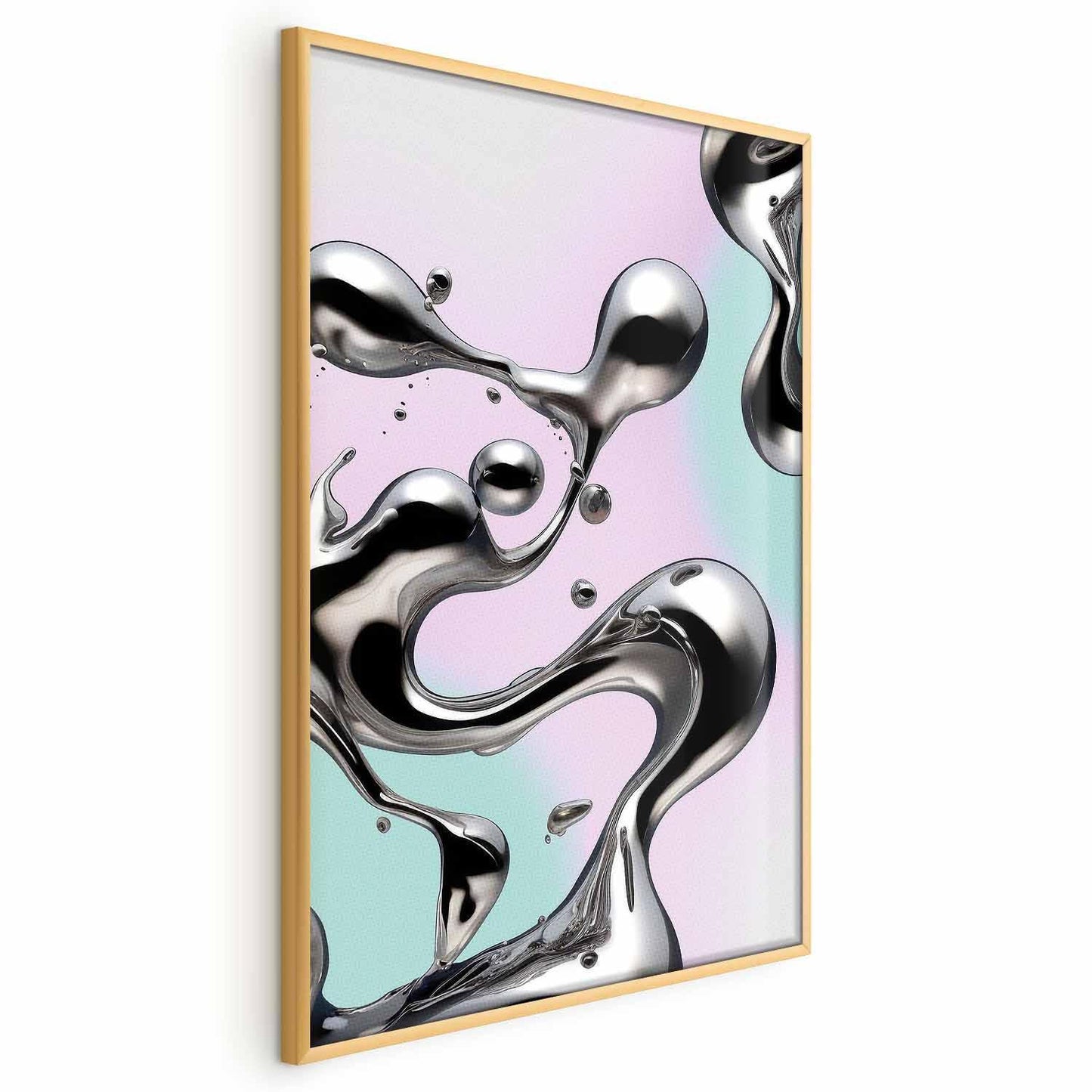 Poster - Metallic Fluidity - abstract silver forms on a mint-purple background