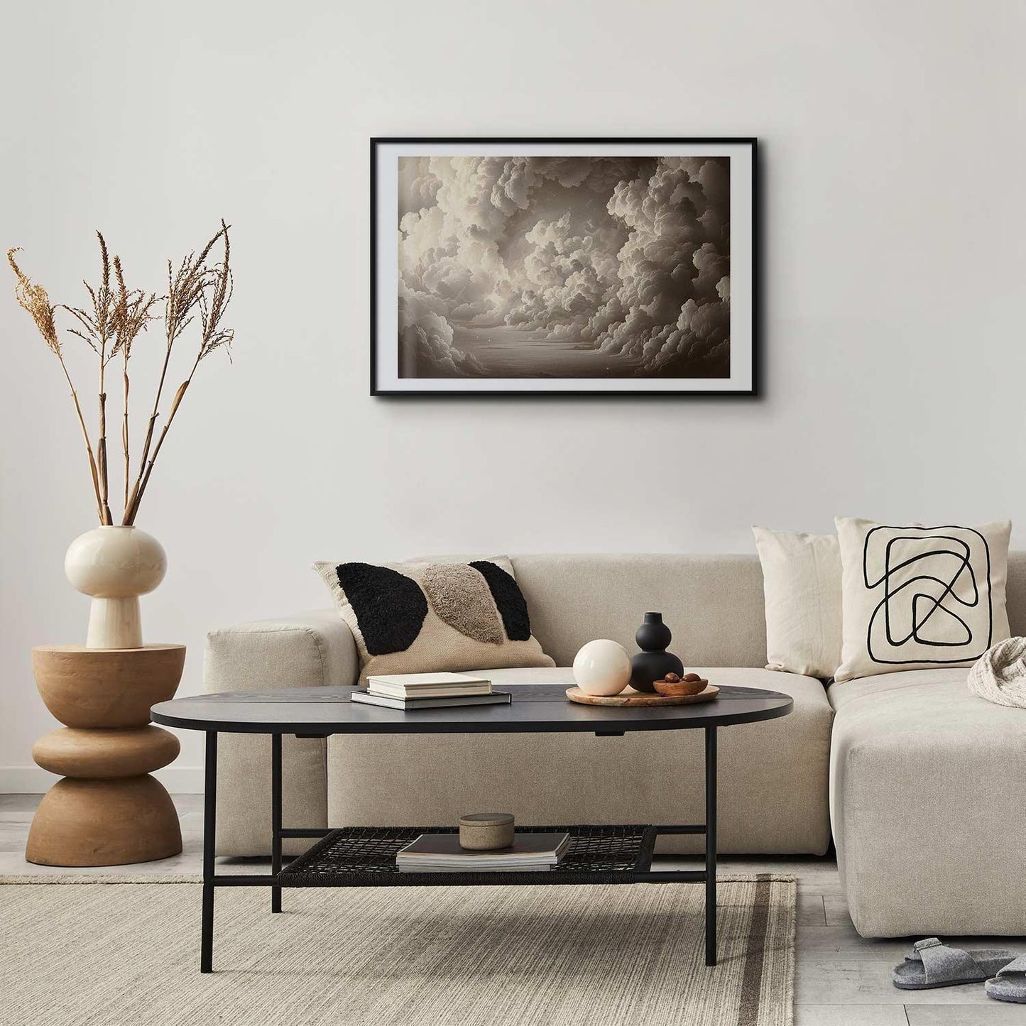 Poster of illuminated clouds playing soft light in a modern living room setting.