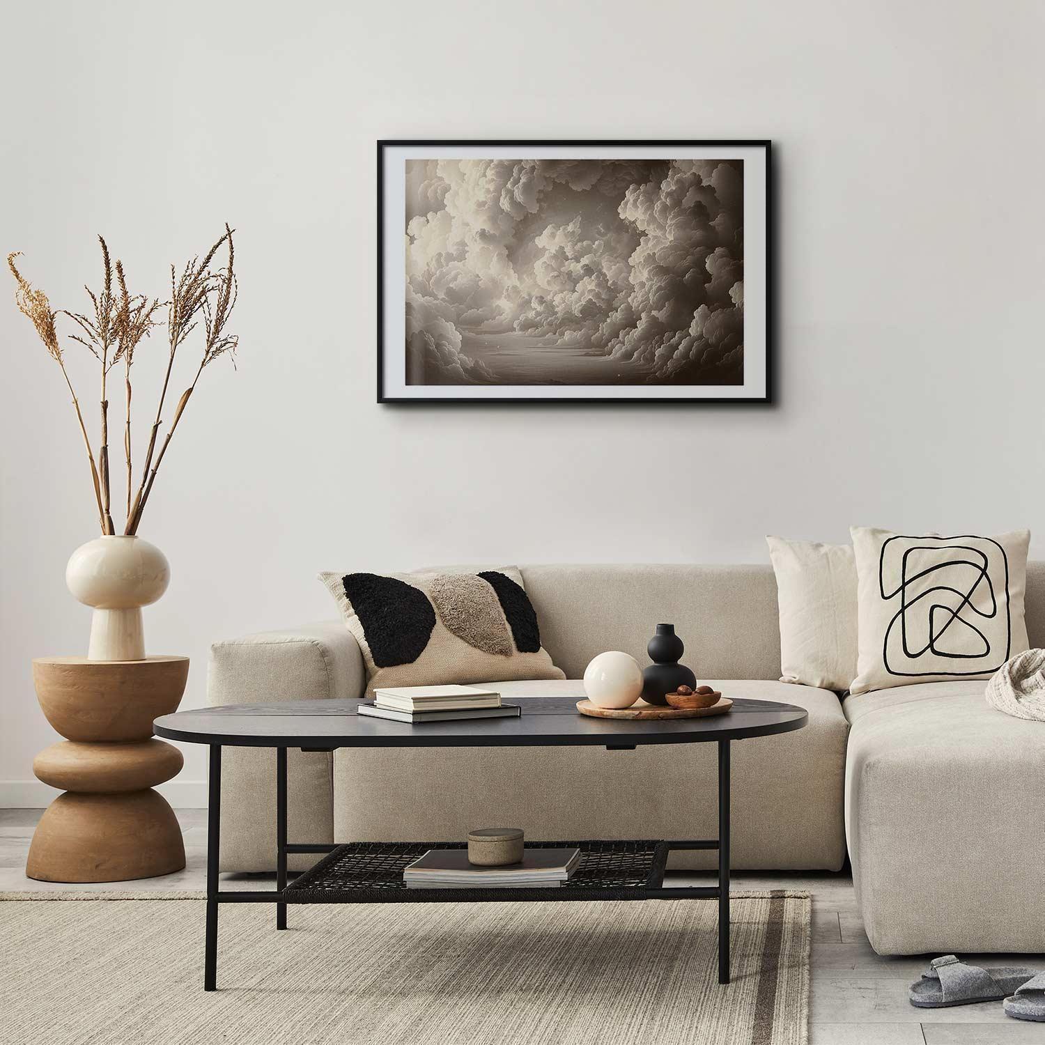 Poster of illuminated clouds playing soft light in a modern living room setting.