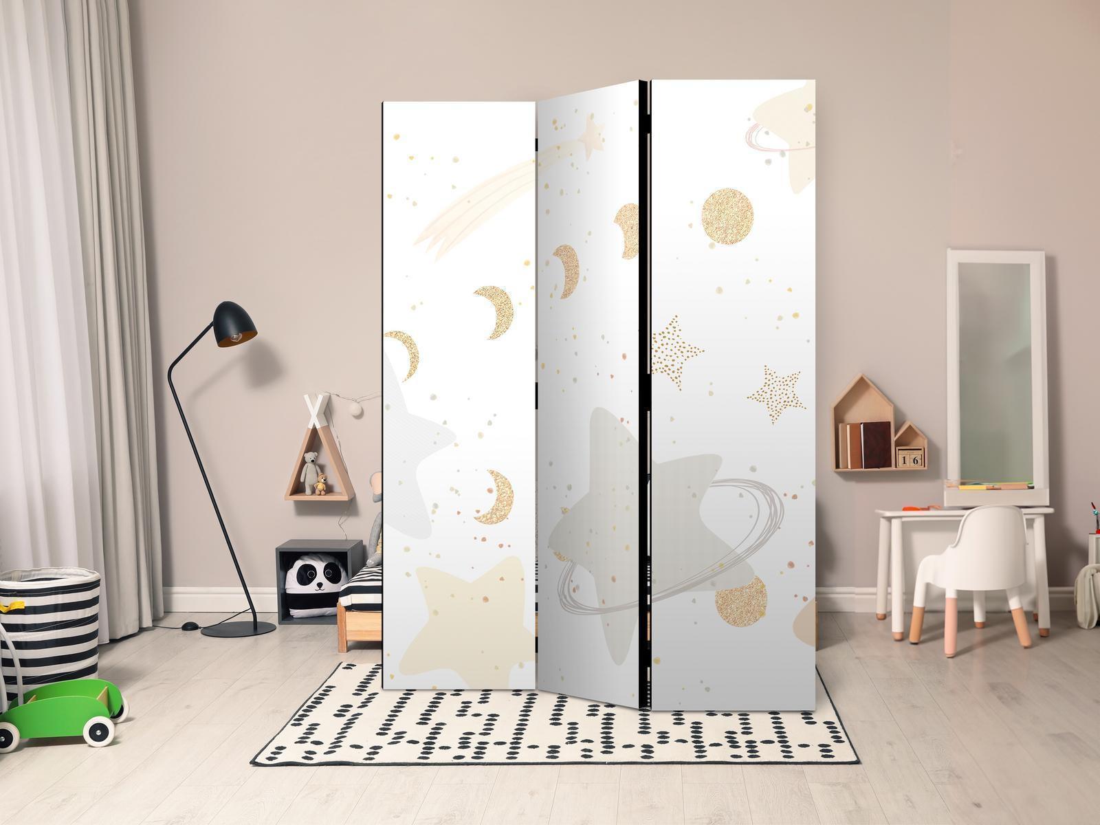 Paravent - Fairy-Tale Galaxy - Moon Phases in Shades of Yellow Among Stars in Beige and Ash Colors with Stardust Artgeist