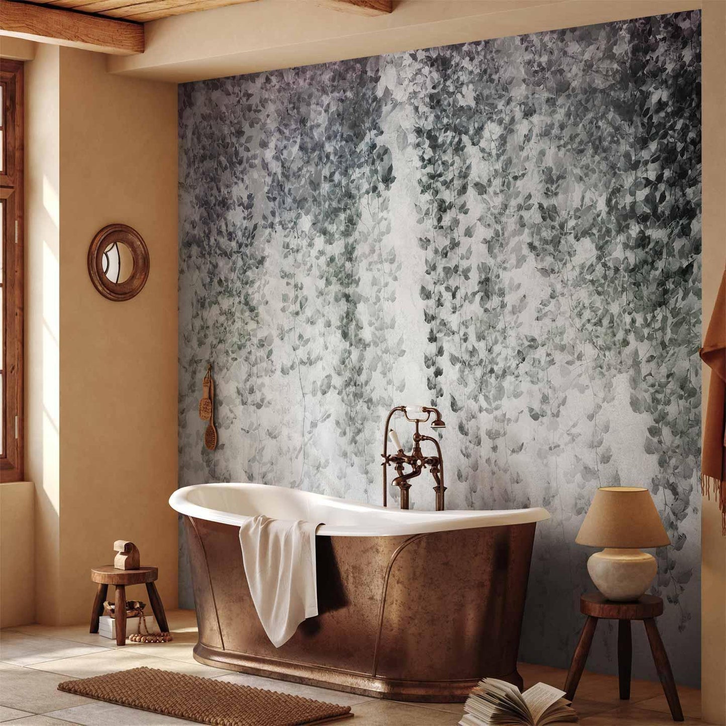 Fototapete - Peaceful oasis - landscape of hanging black leaf vines on a grey background