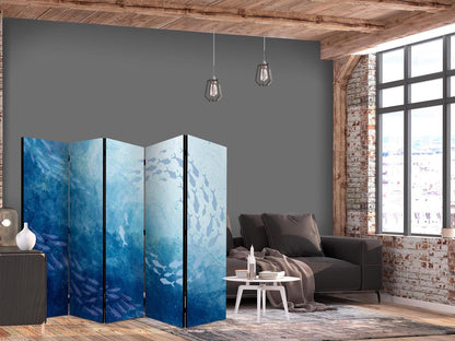Paravent - Schools of Fish - Luminous Clusters of Fish in Blue Colors Among Sea Depths Artgeist
