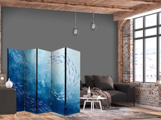 Paravent - Schools of Fish - Luminous Clusters of Fish in Blue Colors Among Sea Depths Artgeist