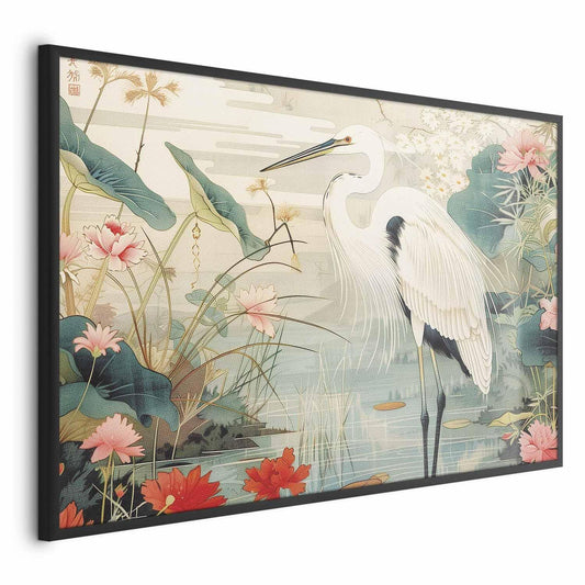 Poster - Over the Asian Pond - illustration in the Japanese print style featuring a heron Artgeist
