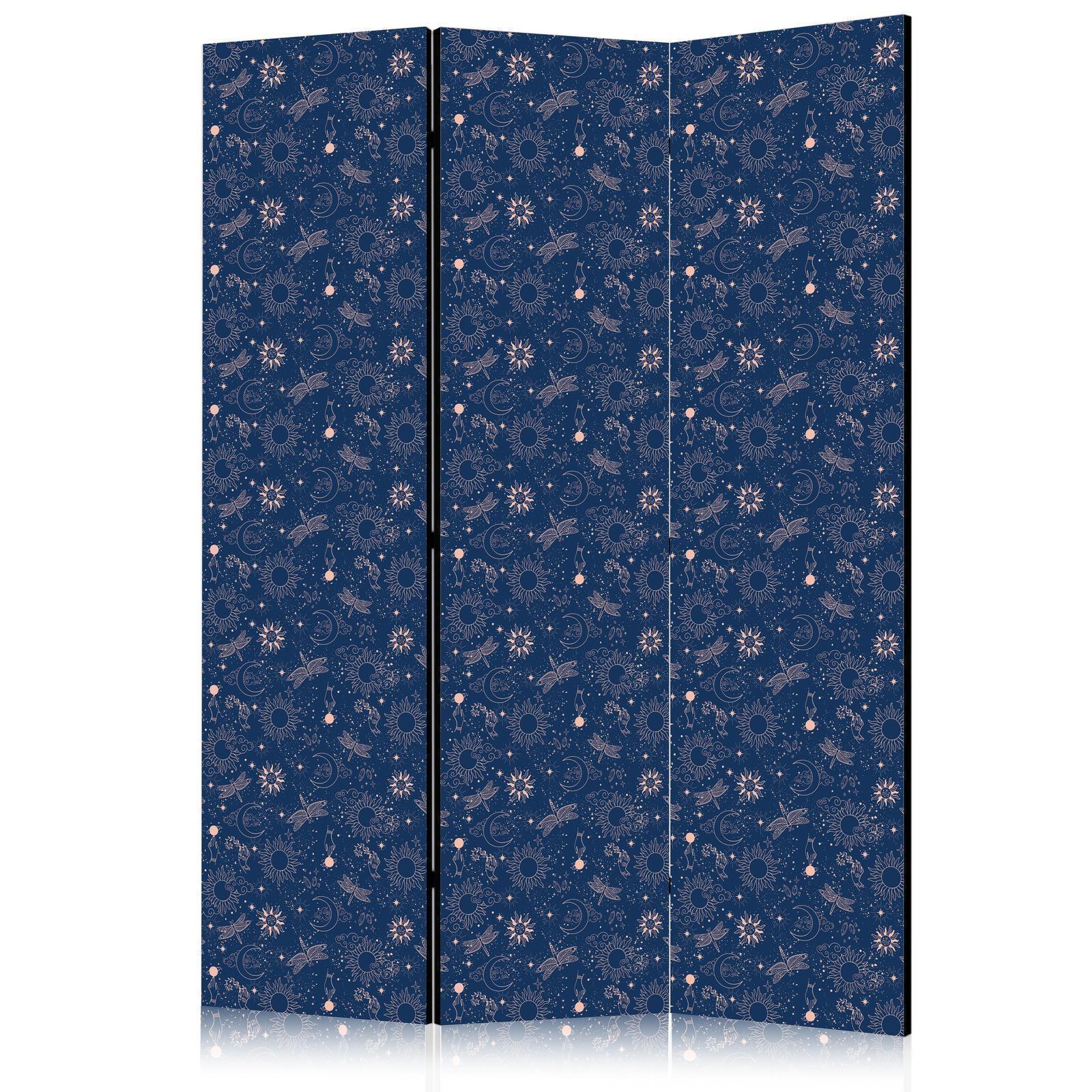 Paravent - Cosmic Fantasy - Pattern with Suns Moons and Dragonflies on a Dark Background Artgeist