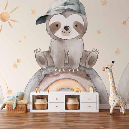 Fototapete - Little Sloth Among Stars and Rainbows