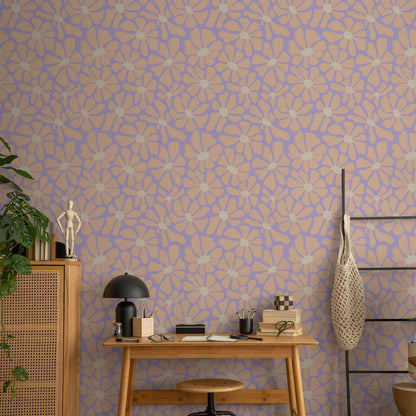 Tapete - Cute Light-Beige Little Flowers - Small flowers with beige - undulating petals on a blue background