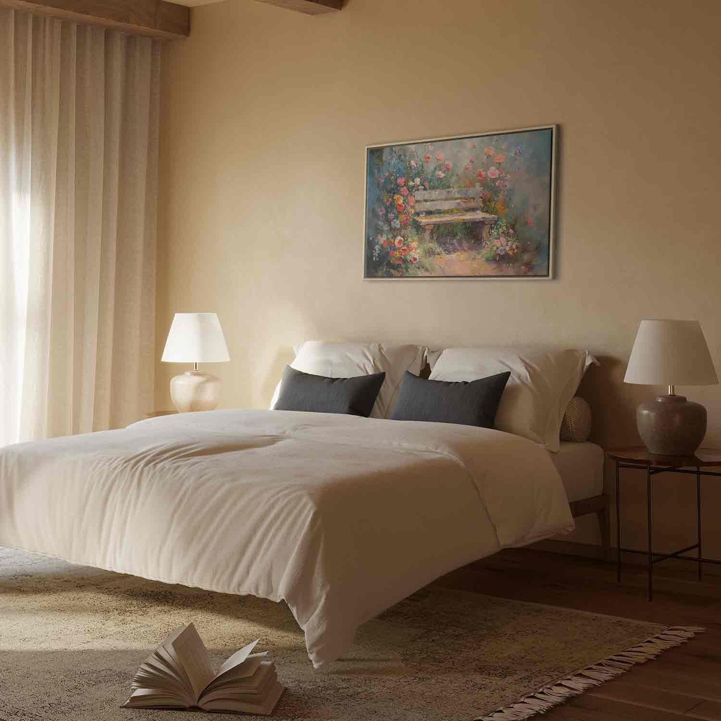 Leinwandbild - Flowery bench - impressionist painting full of flowers