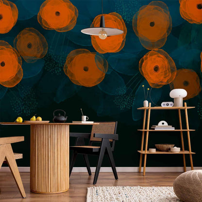 Fototapete - Watercolour composition - orange patterns on a delicate leaf background