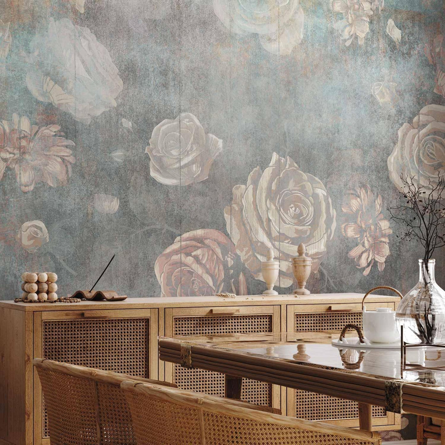 Fototapete - Misty nature - muted rose flowers on a background in grey tones