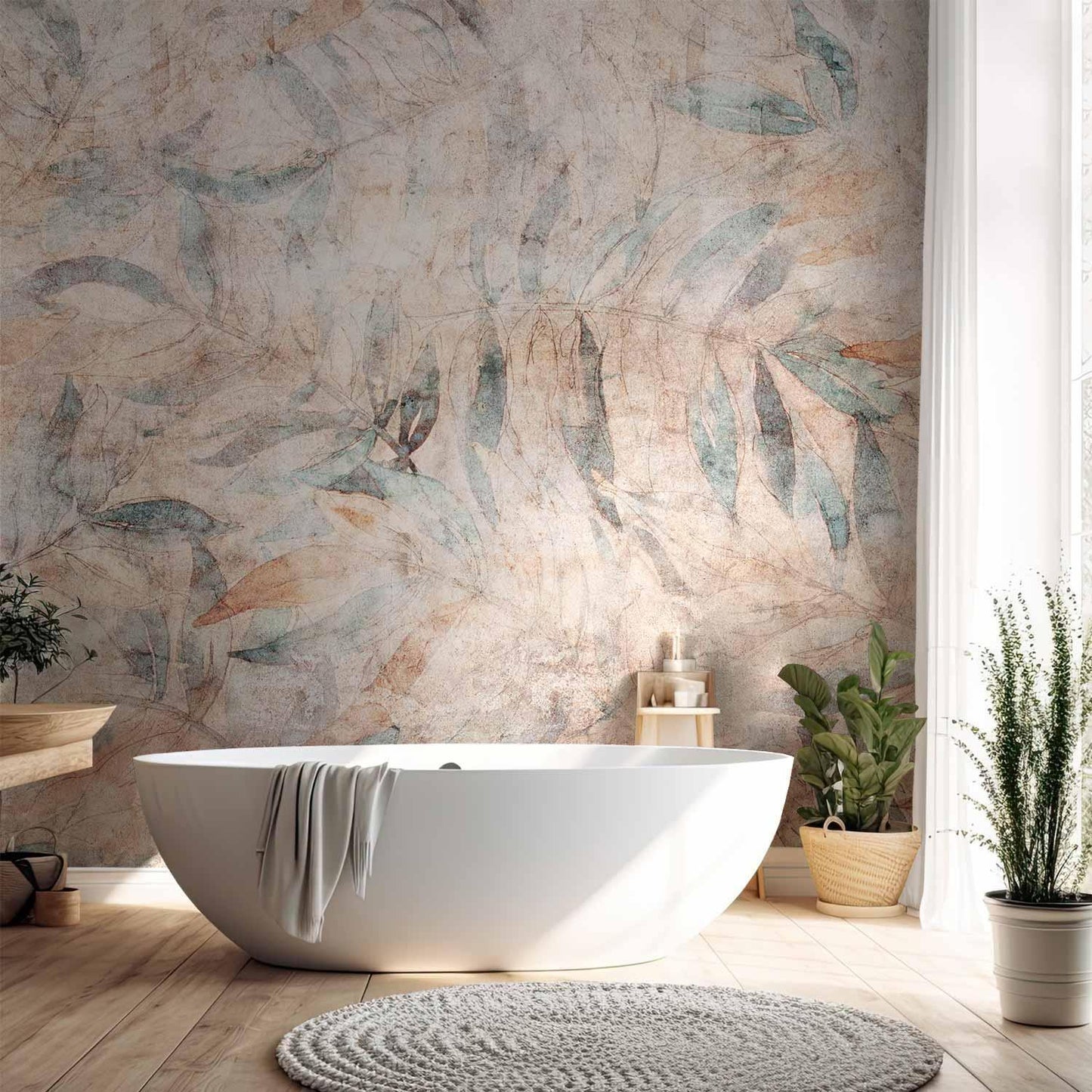 Fototapete - Greek laurels - faded composition with leaves on a beige patterned background