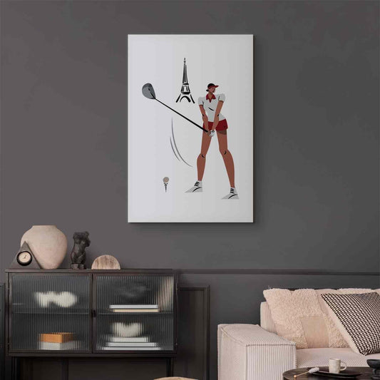 Leinwandbild - Female Golfer With the Eiffel Tower in the Background - Illustration Artgeist
