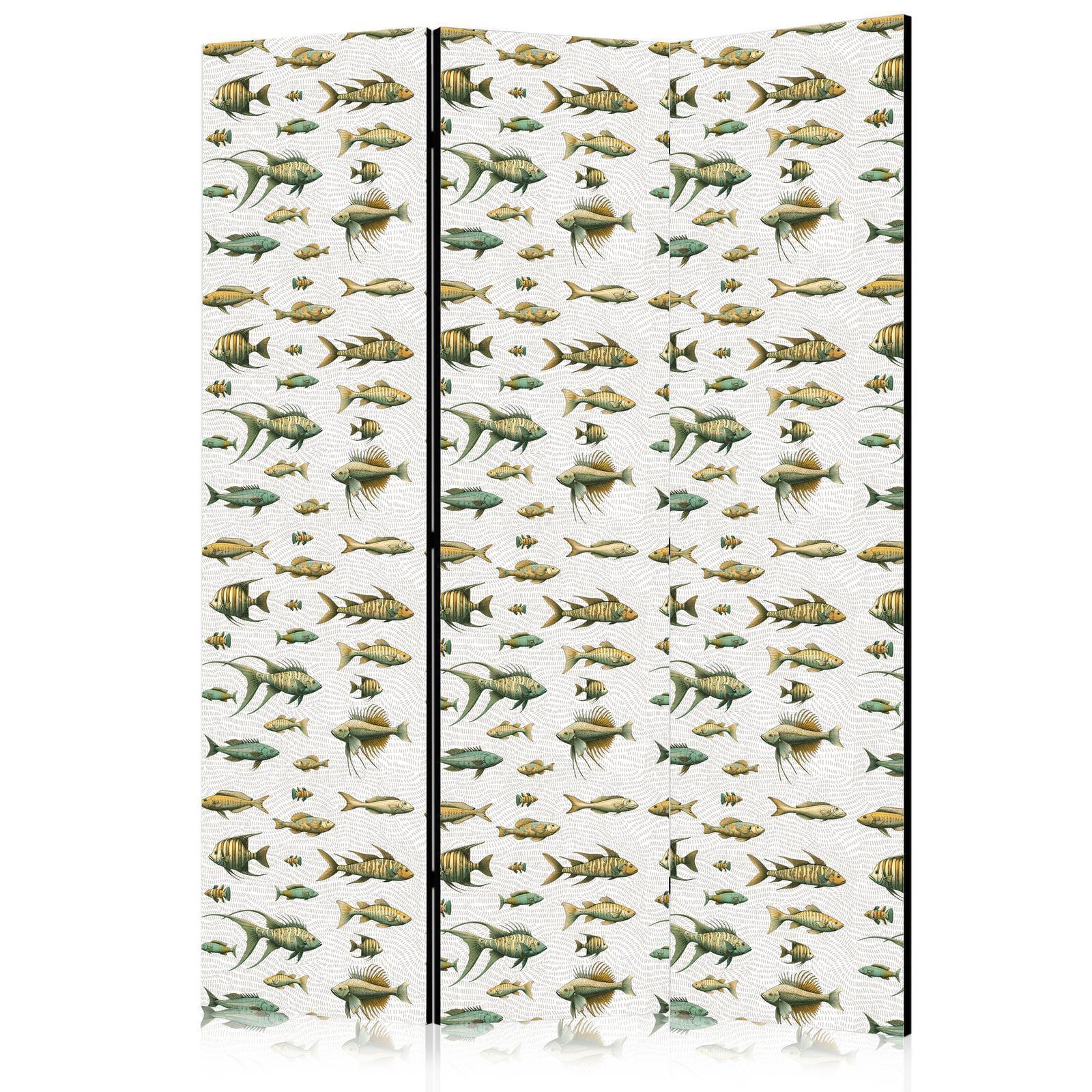 Paravent - Unusual Species of Fish - A Cluster of Fish in Muted Colors in Retro Style on a Background of Beige Strokes Artgeist