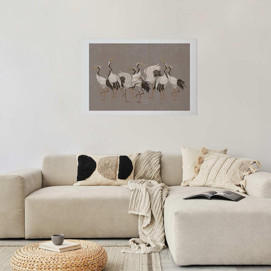 Poster - Crane Dance - light bird silhouettes on a warm-gray textured background Artgeist