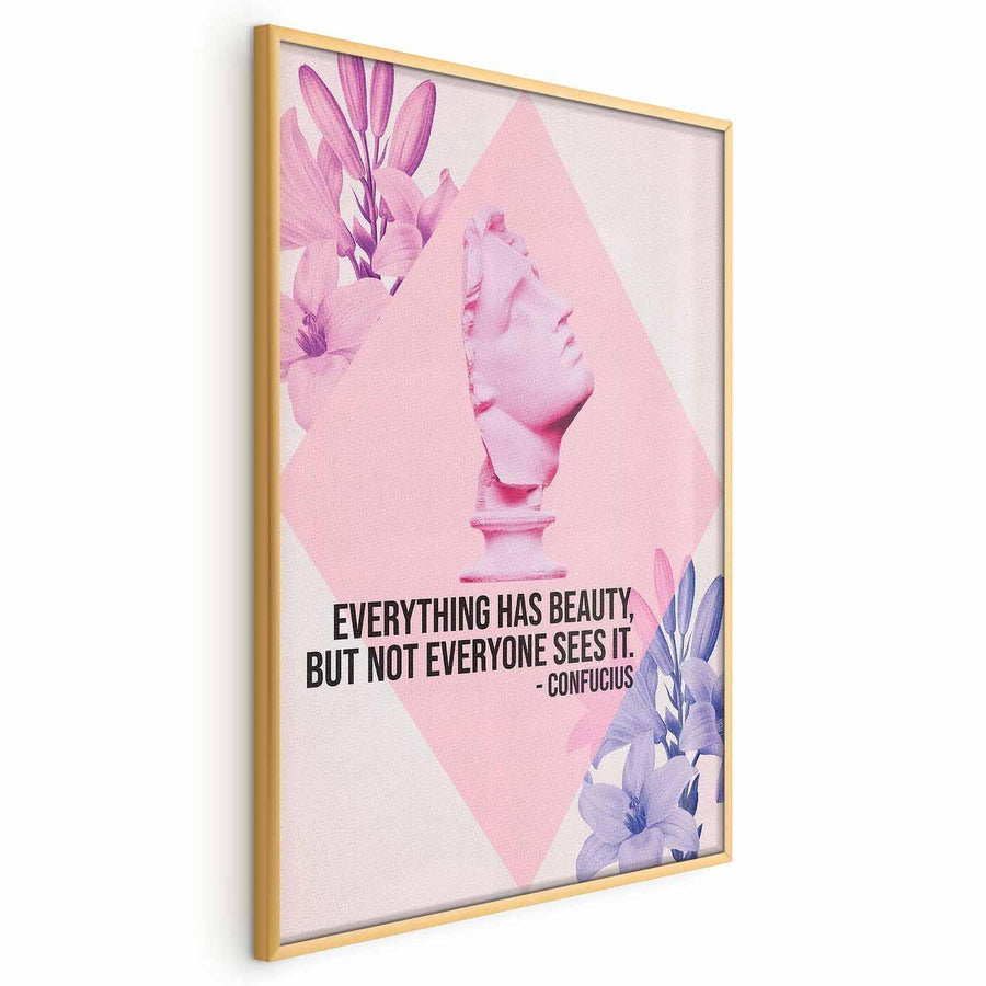 Poster - Confucius on Beauty - a bust in pink with flowers and a quote Artgeist