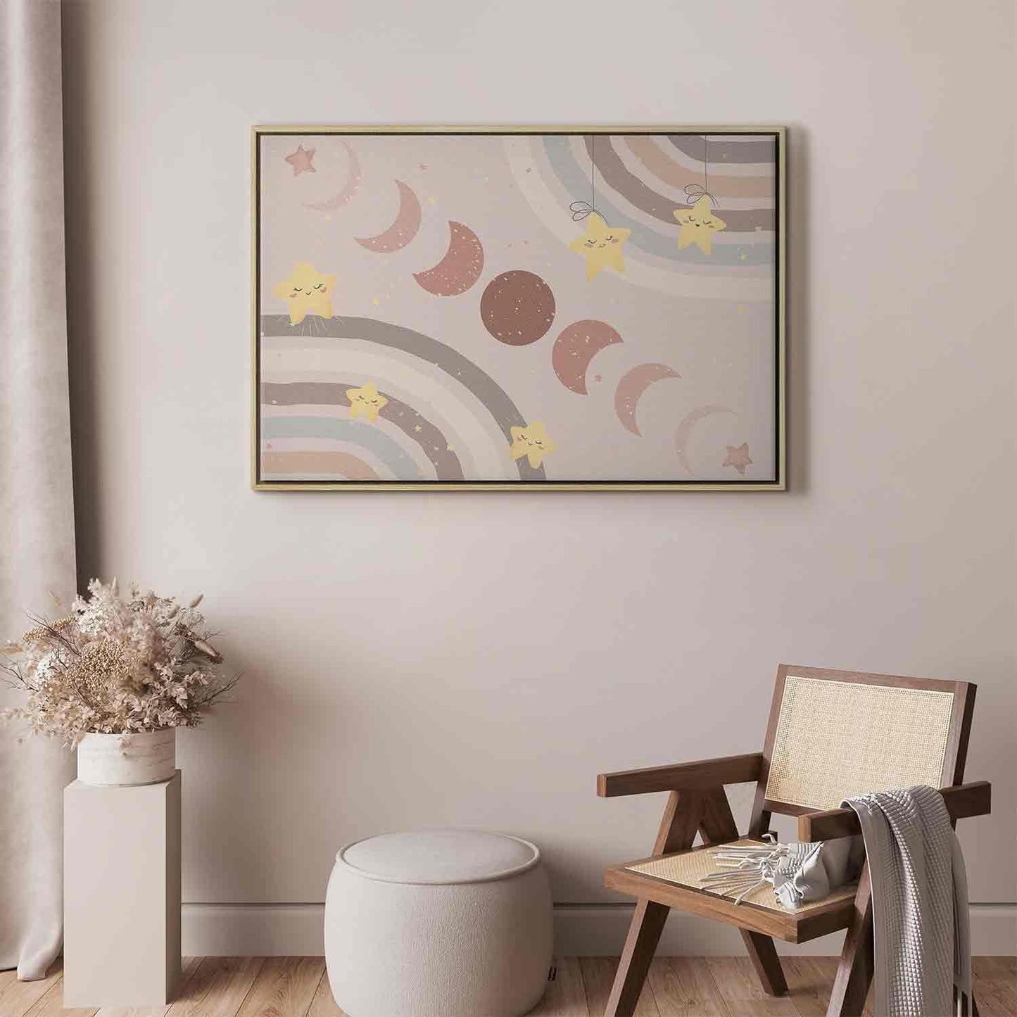 Leinwandbild - Joyful Sky - Yellow Cheerful Stars with a Rainbow Against the Phases of the Moon in a Light Beige Sky Hue