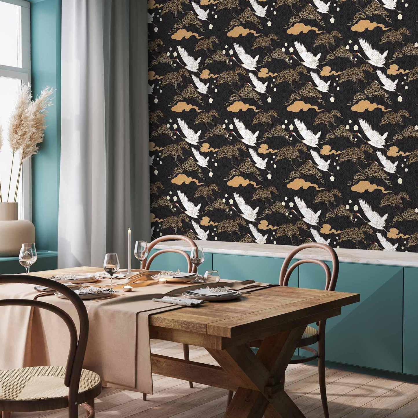 Tapete - Oriental impressions - decorative pattern with a motif of flying cranes on a dark background