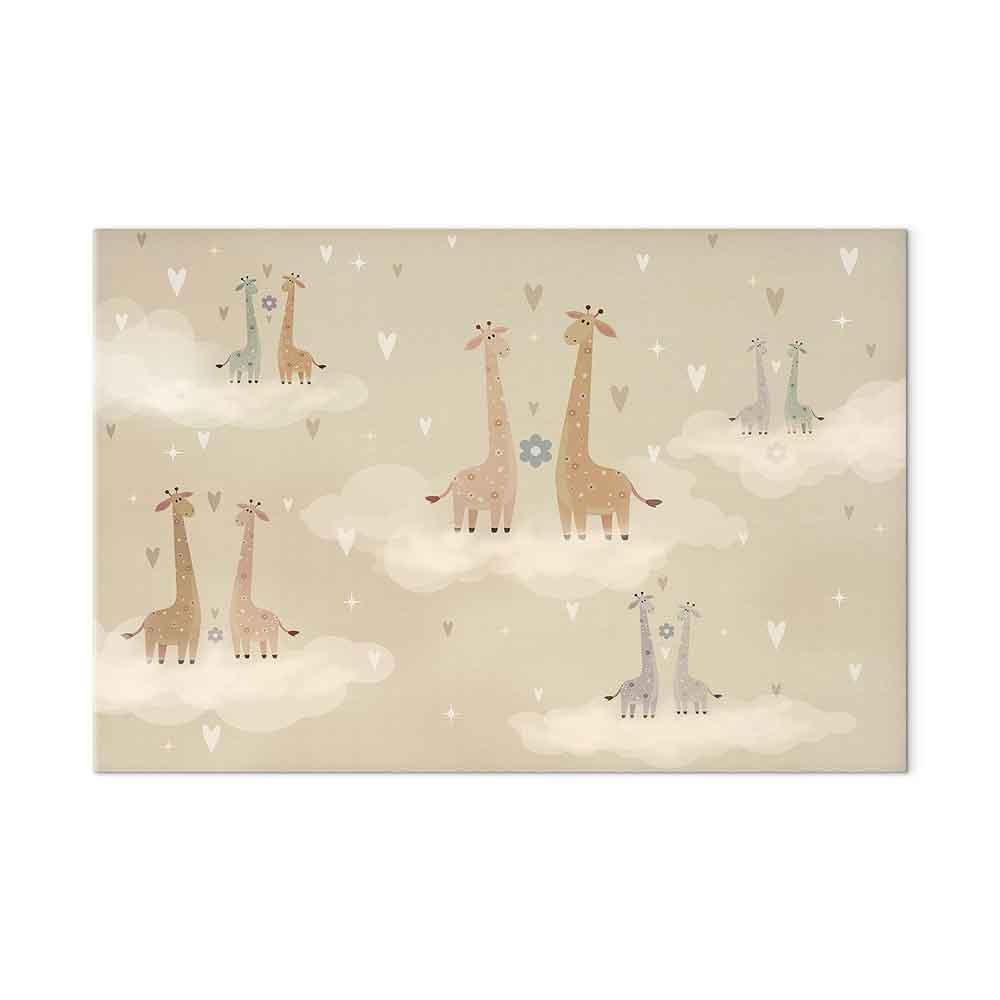 Leinwandbild - Love - Colorful Giraffes Floating on Clouds Among Hearts and Stars