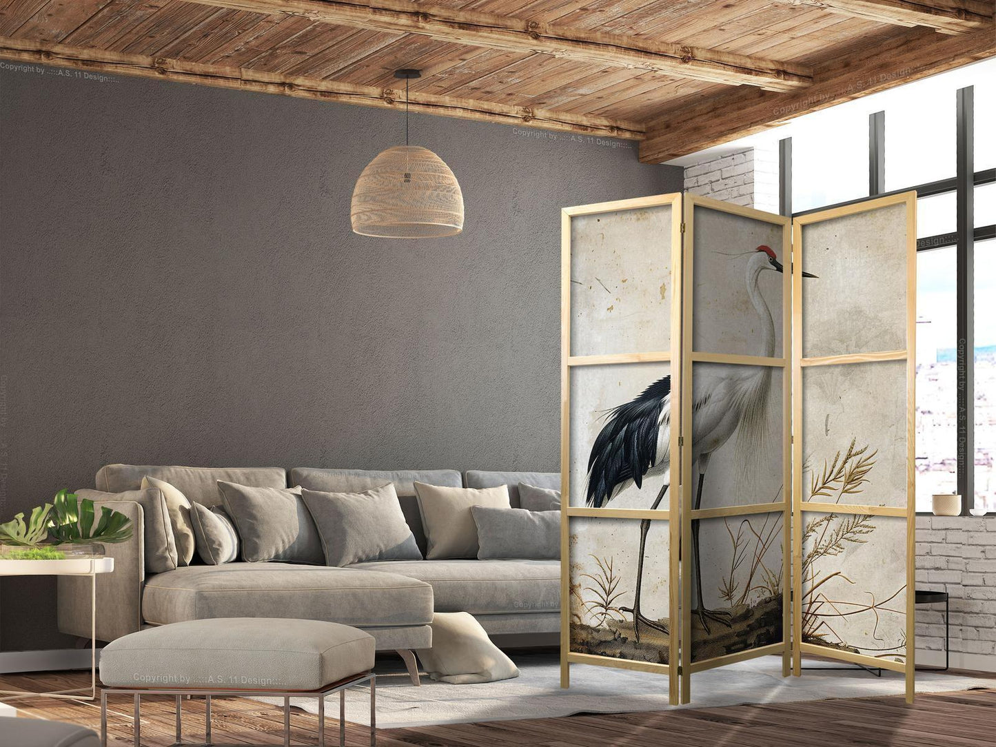 Japanischer Paravent - Birds from an old engraving - vintage-style illustration depicting a heron and a crane