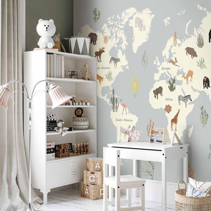 Fototapete - Pastel Planet - Animals and Underwater Plants on a Map