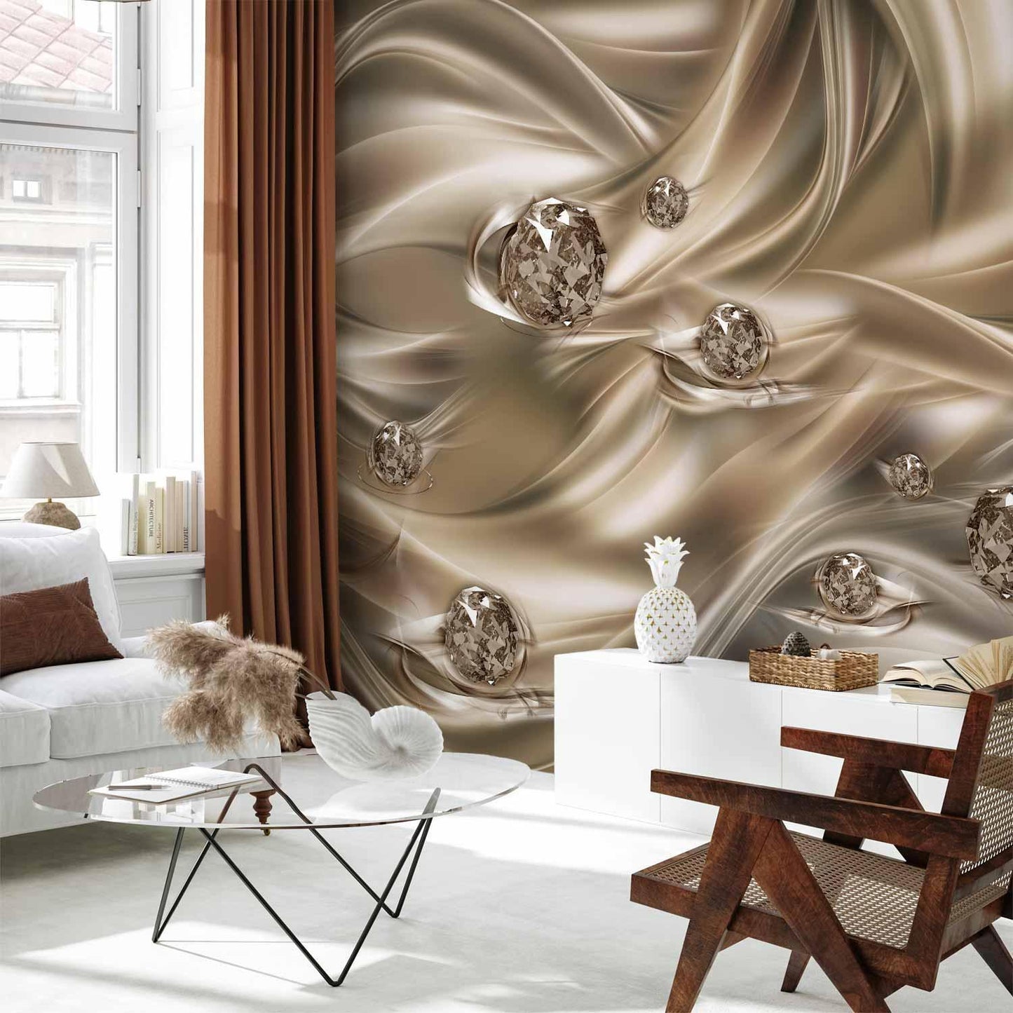 Fototapete "Velvet Kiss" – Creme-goldene Wellen und Diamantoptik