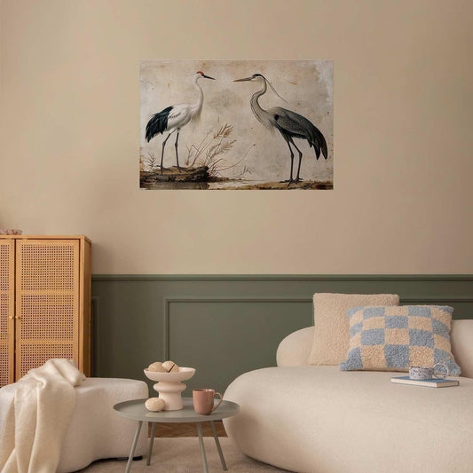Poster - Birds from an Old Engraving - vintage-style illustration of a heron and a crane Artgeist